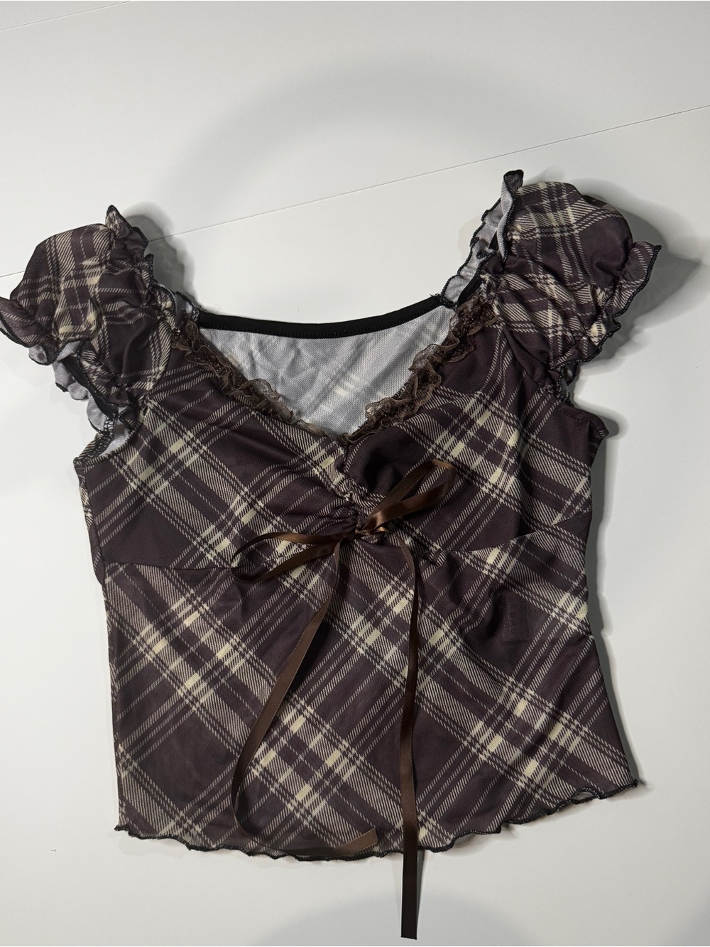Plaid Ruffle-Sleeve Bow Front Women’s Top - Brown
